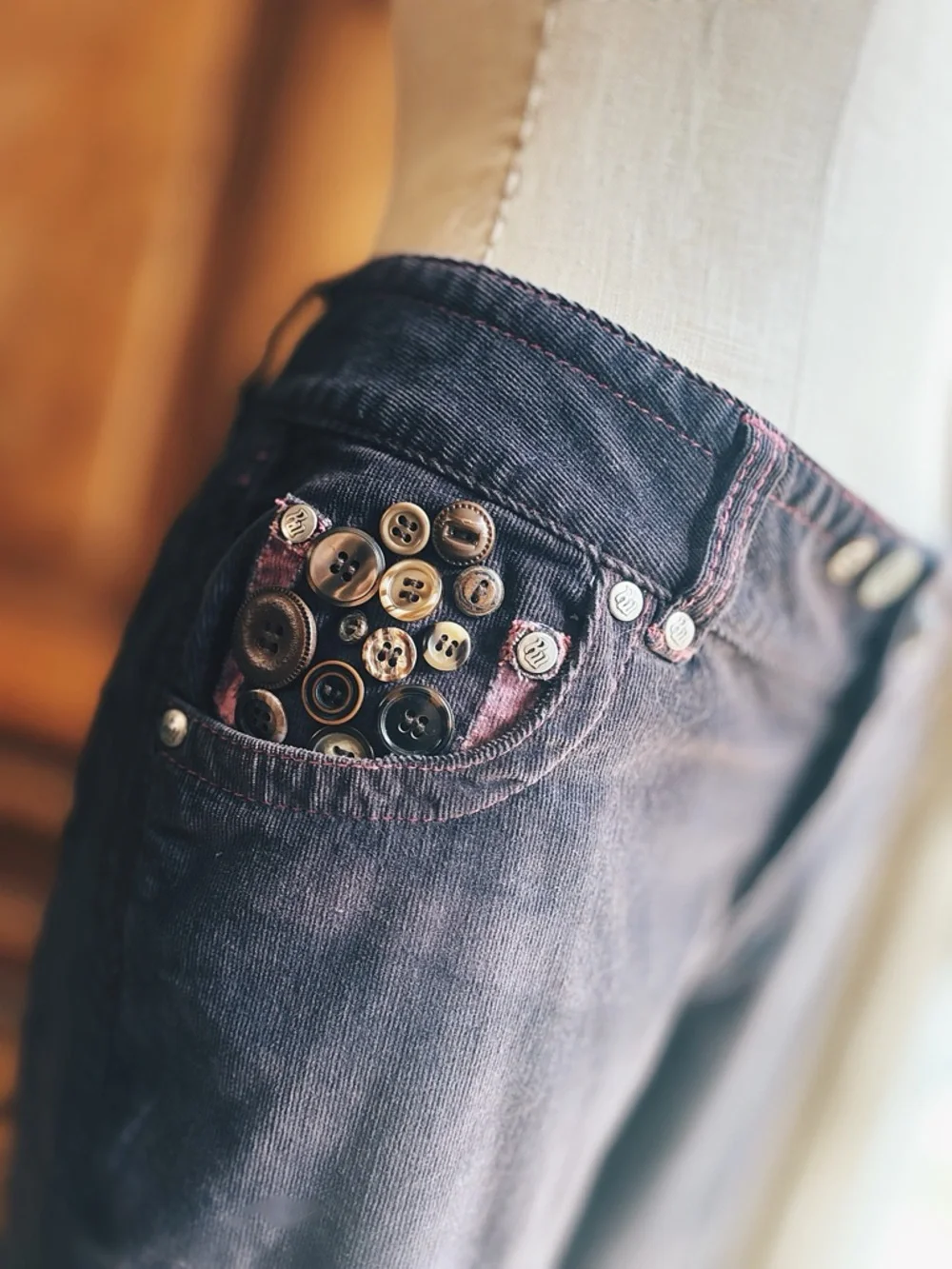 OOAK Artisan Repurposed Rocawear Plum Corduroy Flare Pants Vintage Buttons - Picture 5 of 13